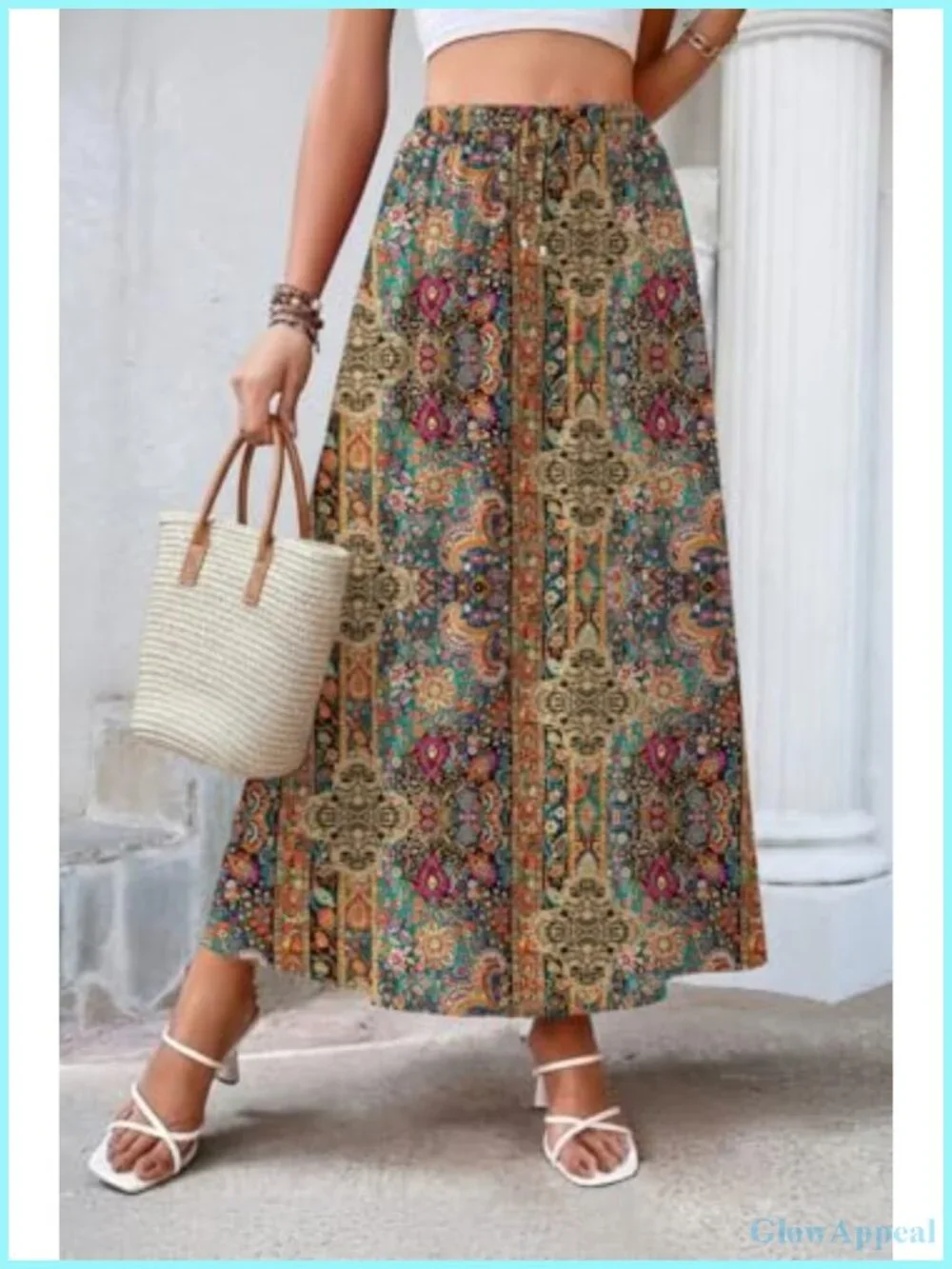 Boho Floral Maxi Skirt High Waist A-Line Long Skirt with Pockets